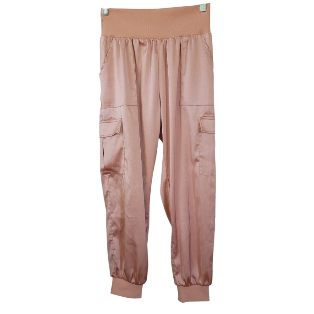 Aaron & Amber Blush Pink Satin Cargo Joggers M High Rise Soft Girl Y2K